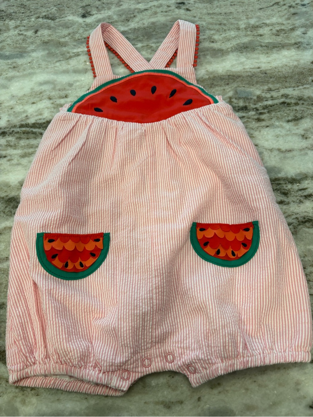 Baby Boden Pink & Red Watermelon Appliqué Romper